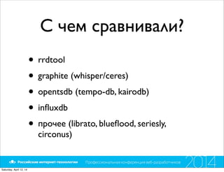 С чем сравнивали?
• rrdtool
• graphite (whisper/ceres)
• opentsdb (tempo-db, kairodb)
• inﬂuxdb
• прочее (librato, blueﬂood, seriesly,
circonus)
Saturday, April 12, 14
 