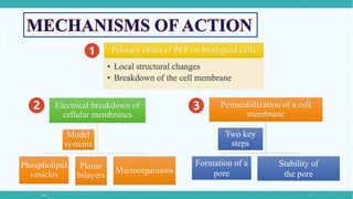 Electrical breakdown of
cellular membranes
Phospholipid
vesicles
Planar
bilayers
Microorganisms
Model
systems
Permeabilization of a cell
membrane
Formation of a
pore
Stability of
the pore
Two key
steps
Primary effect of PEF on biological cells
• Local structural changes
• Breakdown of the cell membrane
PEF 5
 