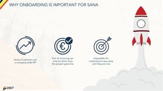 WHY ONBOARDING IS IMPORTANT FOR SANA
Active Customers are
a company-wide KPI
Part of invoicing can
only be done once
the p...