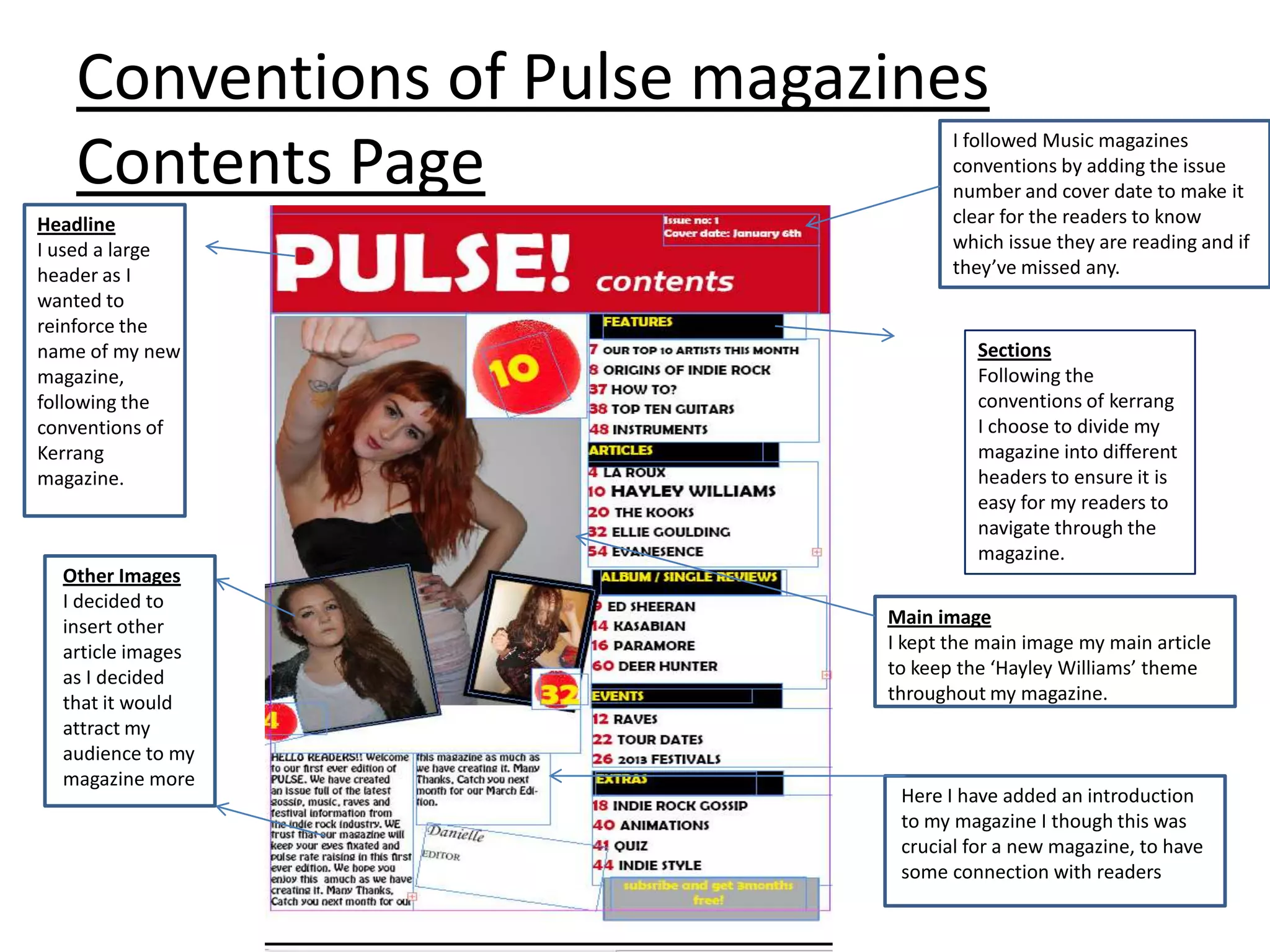Conventions of Pulse magazines
   Contents Page
                                    I followed Music magazines
                                    conventions by adding the issue
                                    number and cover date to make it
Headline                            clear for the readers to know
I used a large                      which issue they are reading and if
header as I                         they’ve missed any.
wanted to
reinforce the
name of my new                         Sections
magazine,                              Following the
following the                          conventions of kerrang
conventions of                         I choose to divide my
Kerrang                                magazine into different
magazine.                              headers to ensure it is
                                       easy for my readers to
                                       navigate through the
                                       magazine.
  Other Images
  I decided to
  insert other               Main image
  article images             I kept the main image my main article
  as I decided               to keep the ‘Hayley Williams’ theme
  that it would              throughout my magazine.
  attract my
  audience to my
  magazine more
                              Here I have added an introduction
                              to my magazine I though this was
                              crucial for a new magazine, to have
                              some connection with readers
 