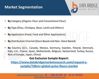 databridgemarketresearch.com US : +1-888-387-2818 UK : +44-161-394-0625
sales@databridgemarketresearch.com
5
• By Category (Organic Flour and Conventional Flour)
• By Type (Peas, Chickpea, Bean, Lentil and Others)
• By Application (Food, Feed and Other Applications)
• By Distribution Channel (Store Based and Non- Store Based)
• By Country (U.S., Canada, Mexico, Germany, Sweden, Poland, Denmark,
Italy, U.K., France, Spain, Netherlands, Belgium, Switzerland, Turkey, Russia,
Rest of Europe, Japan, China)
Market Segmentation
Get Exclusive Sample Report:
https://www.databridgemarketresearch.com/request-a-
sample/?dbmr=global-pulse-flours-market
 