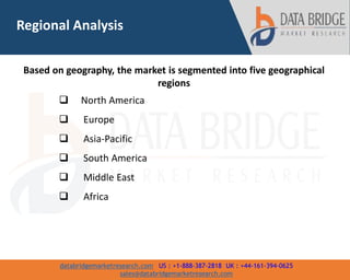 databridgemarketresearch.com US : +1-888-387-2818 UK : +44-161-394-0625
sales@databridgemarketresearch.com
6
Based on geography, the market is segmented into five geographical
regions
 North America
 Europe
 Asia-Pacific
 South America
 Middle East
 Africa
Regional Analysis
 