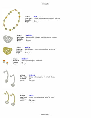 Novidades




                   Código:        P225
                   Descrição:     Pulseira folheada a ouro c/ detalhes coloridos
                   Unidade:       pç
                   Preço:         R$ 24,63




      Código:        AN0346 P
      Descrição:     Anel folheado a prata c/ frente em forma de coração
      Unidade:       pç
      Preço:         R$ 29,88



     Código:       AN0346
     Descrição:    Anel folheado a ouro c/ frente em forma de coração
     Unidade:      pç
     Preço:        R$ 29,88



Código:       BS1283 P
Descrição:    Brinco folheado a prata com resina
Unidade:      par
Preço:        R$ 4,98




             Código:       BS2102 P
             Descrição:    Brinco folheado a prata c/ pérola de 10 mm
             Unidade:      par
             Preço:        R$ 20,88




             Código:       BS2102
             Descrição:    Brinco folheado a ouro c/ pérola de 10 mm
             Unidade:      par
             Preço:        R$ 20,88




                                              Página: 31 de 57
 