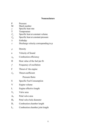 X
Nomenclature
P Pressure
M Mach number
Specific heat rate
T Temperature
Specific heat at constant volume
Specific heat at constant pressure
Enthalpy
Discharge velocity corresponding to p
Density
a Velocity of Sound
Combustion efficiency
H Heat value of the fuel per lb
Frequency of oscillation
F Thrust of the engine
Thrust coefficient
Pressure Ratio
S Specific Fuel Consumption
V Engine volume
L Engine effective length
Va Valve area
Ah Petal valve area
Dh Petal valve hole diameter
Dc Combustion chamber length
Lc Combustion chamber joint length
 