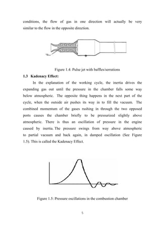 5
conditions, the flow of gas in one direction will actually be very
similar to the flow in the opposite direction.
Figure 1.4: Pulse jet with baffles/serrations
1.3 Kadenacy Effect:
In the explanation of the working cycle, the inertia drives the
expanding gas out until the pressure in the chamber falls some way
below atmospheric. The opposite thing happens in the next part of the
cycle, when the outside air pushes its way in to fill the vacuum. The
combined momentum of the gases rushing in through the two opposed
ports causes the chamber briefly to be pressurized slightly above
atmospheric. There is thus an oscillation of pressure in the engine
caused by inertia. The pressure swings from way above atmospheric
to partial vacuum and back again, in damped oscillation (See Figure
1.5). This is called the Kadenacy Effect.
Figure 1.5: Pressure oscillations in the combustion chamber
 