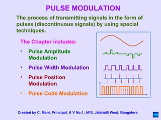 The Chapter includes:
• Pulse Amplitude
Modulation
• Pulse Width Modulation
• Pulse Position
Modulation
• Pulse Code Modulation
PULSE MODULATION
The process of transmitting signals in the form of
pulses (discontinuous signals) by using special
techniques.
Created by C. Mani, Principal, K V No.1, AFS, Jalahalli West, Bangalore
 