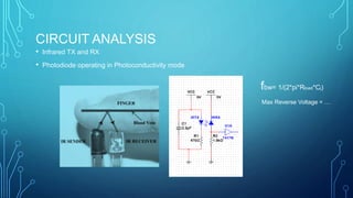 CIRCUIT ANALYSIS
• Infrared TX and RX
• Photodiode operating in Photoconductivity mode
fbw= 1/(2*pi*Rload*Cj)
Max Reverse Voltage = …
 