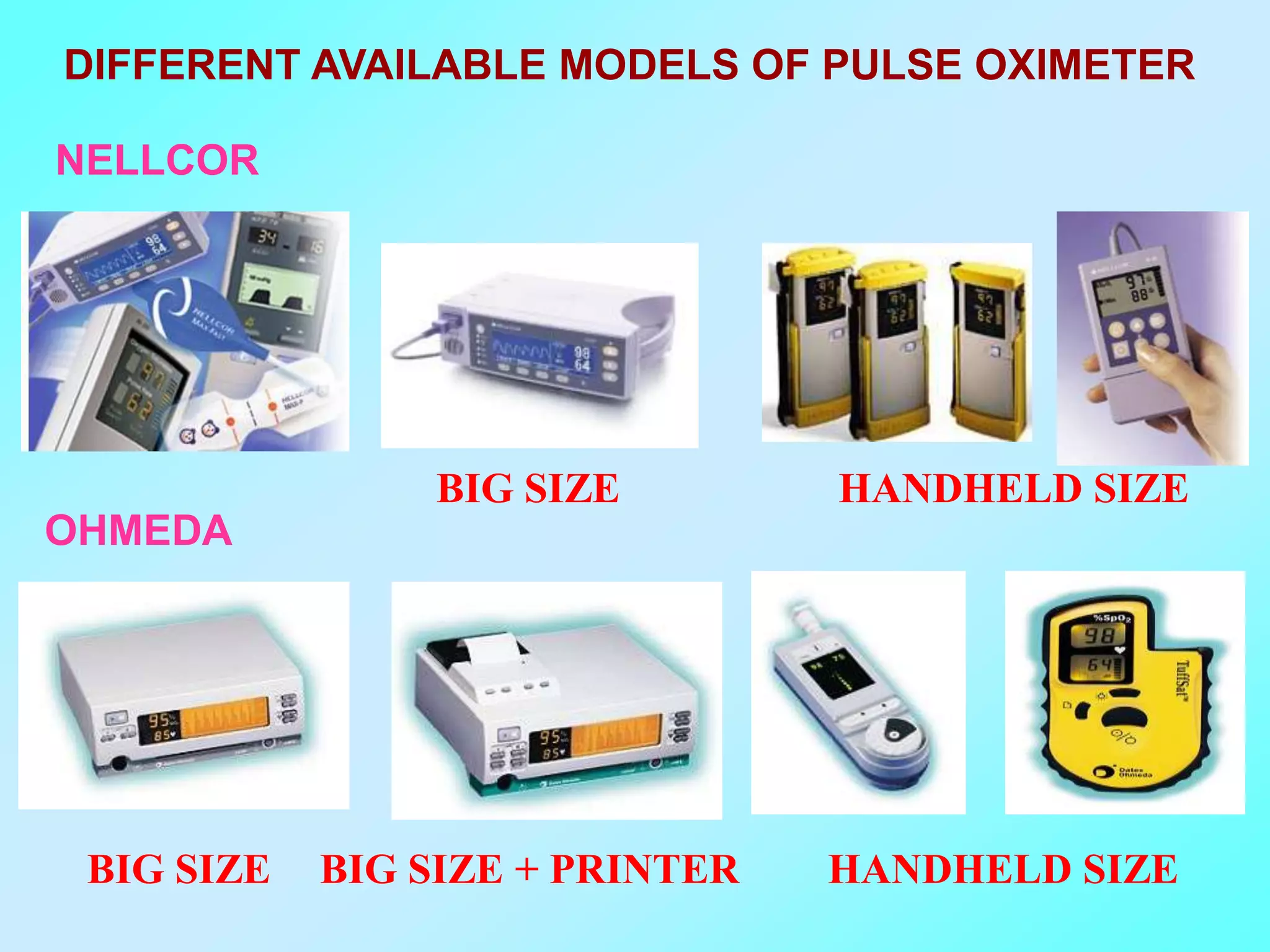 DIFFERENT AVAILABLE MODELS OF PULSE OXIMETER

NELLCOR




                BIG SIZE         HANDHELD SIZE
OHMEDA




 BIG SIZE   BIG SIZE + PRINTER   HANDHELD SIZE
 