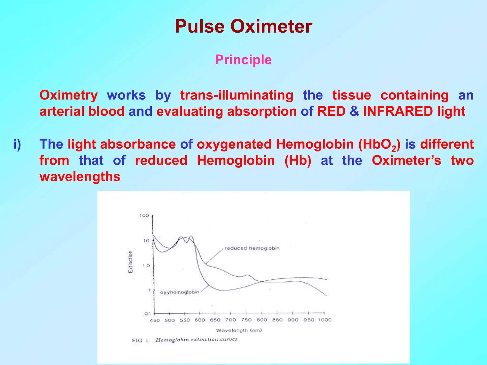 Pulse Oximeter
                               Principle

     Oximetry works by trans-illuminating the tissue containing an
     arterial blood and evaluating absorption of RED & INFRARED light

i)   The light absorbance of oxygenated Hemoglobin (HbO2) is different
     from that of reduced Hemoglobin (Hb) at the Oximeter’s two
     wavelengths
 