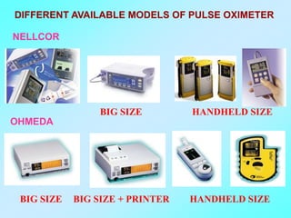 DIFFERENT AVAILABLE MODELS OF PULSE OXIMETER

NELLCOR




                BIG SIZE         HANDHELD SIZE
OHMEDA




 BIG SIZE   BIG SIZE + PRINTER   HANDHELD SIZE
 