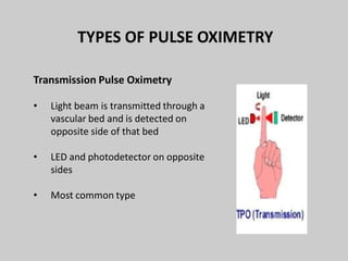 Transmission Pulse Oximetry
• Light beam is transmitted through a
vascular bed and is detected on
opposite side of that bed
• LED and photodetector on opposite
sides
• Most common type
TYPES OF PULSE OXIMETRY
 