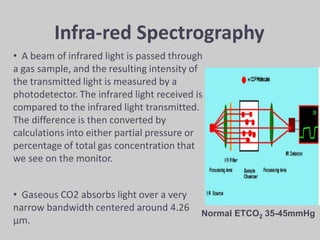 • A beam of infrared light is passed through
a gas sample, and the resulting intensity of
the transmitted light is measured by a
photodetector. The infrared light received is
compared to the infrared light transmitted.
The difference is then converted by
calculations into either partial pressure or
percentage of total gas concentration that
we see on the monitor.
• Gaseous CO2 absorbs light over a very
narrow bandwidth centered around 4.26
μm.
Infra-red Spectrography
Normal ETCO2 35-45mmHg
 