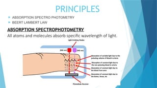 PRINCIPLES
 ABSORPTION SPECTRO PHOTOMETRY
 BEERT LAMBERT LAW
All atoms and molecules absorb specific wavelength of light.
ABSORPTION SPECTROPHOTOMETRY
 