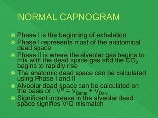  Phase I is the beginning of exhalation
 Phase I represents most of the anatomical
dead space
 Phase II is where the alveolar gas begins to
mix with the dead space gas and the CO2
begins to rapidly rise
 The anatomic dead space can be calculated
using Phase I and II
 Alveolar dead space can be calculated on
the basis of : VD = VDanat + VDalv
 Significant increase in the alveolar dead
space signifies V/Q mismatch
 