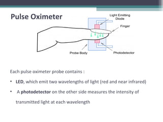 Each pulse oximeter probe contains :
• LED, which emit two wavelengths of light (red and near infrared)
• A photodetector on the other side measures the intensity of
transmitted light at each wavelength
Pulse Oximeter
 