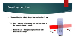 Beer-Lambert Law
 The combination of both Beer’s Law and Lambert’s Law
 Beer’s Law – the absorption of light is proportional to
the concentration of a sample
 Lambert’s Law – absorption is proportional to the
thickness of a sample
 