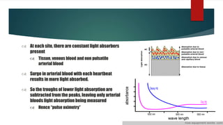 At each site, there are constant light absorbers
present
 Tissue, venous blood and non pulsatile
arterial blood
 Surge in arterial blood with each heartbeat
results in more light absorbed.
 So the troughs of lower light absorption are
subtracted from the peaks, leaving only arterial
bloods light absorption being measured
 Hence “pulse oximetry”
 