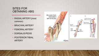 SITES FOR
OBTAINING ABG
• RADIALARTERY(most
common)
• BRACHIALARTERY
• FEMORALARTERY
• DORSALIS PEDIS
• POSTERIOR TIBIAL
ARTERY
 