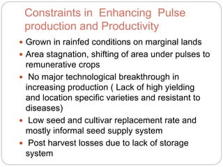 Constraints in Enhancing Pulse
production and Productivity
Grown in rainfed conditions on marginal lands
Area stagnation, shifting of area under pulses to
remunerative crops
No major technological breakthrough in
increasing production ( Lack of high yielding
and location specific varieties and resistant to
diseases)
Low seed and cultivar replacement rate and
mostly informal seed supply system
Post harvest losses due to lack of storage
system