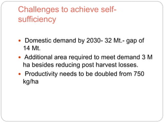 Challenges to achieve self-
sufficiency
Domestic demand by 2030- 32 Mt.- gap of
14 Mt.
Additional area required to meet demand 3 M
ha besides reducing post harvest losses.
Productivity needs to be doubled from 750
kg/ha