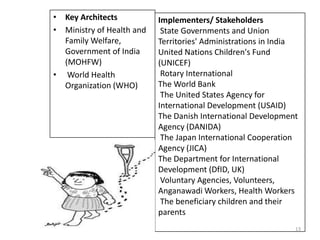 • Key Architects
• Ministry of Health and
Family Welfare,
Government of India
(MOHFW)
• World Health
Organization (WHO)
Implementers/ Stakeholders
State Governments and Union
Territories' Administrations in India
United Nations Children's Fund
(UNICEF)
Rotary International
The World Bank
The United States Agency for
International Development (USAID)
The Danish International Development
Agency (DANIDA)
The Japan International Cooperation
Agency (JICA)
The Department for International
Development (DfID, UK)
Voluntary Agencies, Volunteers,
Anganawadi Workers, Health Workers
The beneficiary children and their
parents
13
 