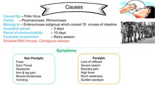 Causes
Caused By – Polio Virus
Family – Picornaviruses, Rhinoviruses
Belongs to – Enteroviruses subgroup which consist 70 viruses of intestine
Incubation period – 3 days
Period of communicability – 10 days
Favorable environment – Rainy season
Smallest RNA Viruses, Contagious disease
Non Paralytic
Fever
Sore Throat
Headache
Arm & leg pain
Muscle tenderness
Vomiting
Paralytic
Loss of reflexes
Severe spasm
Muscles pain
High fever
Much weakness
Sudden paralyze
Symptoms
 