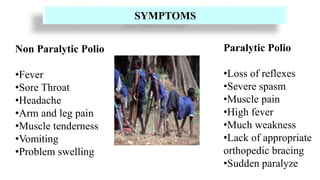 SYMPTOMS
Non Paralytic Polio
•Fever
•Sore Throat
•Headache
•Arm and leg pain
•Muscle tenderness
•Vomiting
•Problem swelling
Paralytic Polio
•Loss of reflexes
•Severe spasm
•Muscle pain
•High fever
•Much weakness
•Lack of appropriate
orthopedic bracing
•Sudden paralyze
 
