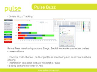 Pulse Buzz

    • Online Buzz Tracking




V. Positive

 Positive

  Neutral

 Negative

V. Negative




    Pulse Buzz monitoring across Blogs, Social Networks and other online
    conversations

    • Powerful multi-channel, multi-lingual buzz monitoring and sentiment analysis
    offering
    • Intergration into other forms of research or data
    • Strong demand currently in Asia
                                www.pulse-group.com
 