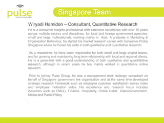 Singapore Team
Wiryadi Hamidon – Consultant, Quantitative Research
He is a consumer insights professional with extensive experience with over 10 years
across multiple sectors and disciplines, for local and foreign government agencies,
small and large multinationals, working mainly in Asia. A graduate in Marketing &
Organisation Behaviour, he started his market research career with Consumer Probe
Singapore where he honed his skills in both qualitative and quantitative research.

 As a researcher, he have been responsible for both small and large project teams,
and for growing and maintaining long term relationship with local and regional clients.
He is a generalist with a good understanding of both qualitative and quantititative
research, although in recent years he has mainly worked in quantitative online
research.

 Prior to joining Pulse Group, he was a management work redesign consultant on
behalf of Singapore government link organisation and at the same time developed
strategic research framework such as employee customer satisfaction survey index
and employee motivation index. His experience and research focus includes
industries such as FMCG, Finance, Hospitality, Online Retail, Telecommunication,
Media and Public Policy.

.
 