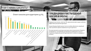 ГДЕ С НИМИ ГОВОРИТЬ?
95,2
78,7
60,4
52,6
42,4
33,1 31,7
0,0
10,0
20,0
30,0
40,0
50,0
60,0
70,0
80,0
90,0
100,0
Охват каналов для аудитории 45-64
Традиционные каналы, такие какТВ, наружная реклама и радио наиболее
эффективны для данной аудитории.
Однако базовые digital-каналы так же способны обеспечить серьёзный
охват при более широких возможностях для таргетинга.
В случаях высокого клаттера в категории и/или ограниченного бюджета
эксперименты с настройками для баннерных размещений, поиска и
социальных медиа для данной аудитории могут оказаться оправданы и
успешны.
ТРАДИЦИОНАЛИСТЫ ОДНОЙ
НОГОЙ В DIGITAL
 