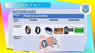 Pegar la imagen o captura del Moodboard que realizaste para elegir tu producto o servicio
MOODBOARD
TITULO Pulseras oxímetro
Palabras
claves
PULSERA OXÍMETRO TECNOLOGÍA
Brainstorming
de imágenes
Selección de
imágenes
 