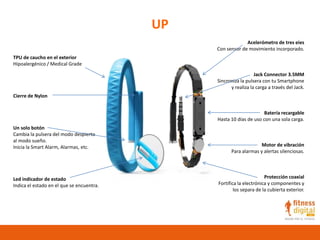 UP
TPU de caucho en el exterior
Hipoalergénico / Medical Grade
Cierre de Nylon
Un solo botón
Cambia la pulsera del modo despierto
al modo sueño.
Inicia la Smart Alarm, Alarmas, etc.
Led indicador de estado
Indica el estado en el que se encuentra.
Acelerómetro de tres eies
Con sensor de movimiento incorporado.
Jack Connector 3.5MM
Sincroniza la pulsera con tu Smartphone
y realiza la carga a través del Jack.
Batería recargable
Hasta 10 días de uso con una sola carga.
Motor de vibración
Para alarmas y alertas silenciosas.
Protección coaxial
Fortifica la electrónica y componentes y
los separa de la cubierta exterior.
 