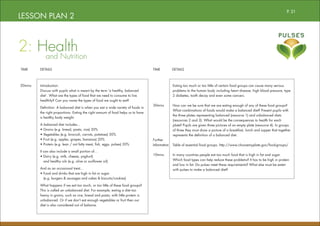 LESSON PLAN 2
Introduction:
Discuss with pupils what is meant by the term ‘a healthy, balanced
diet’. What are the types of food that we need to consume to live
healthily? Can you name the types of food we ought to eat?
Definition: A balanced diet is when you eat a wide variety of foods in
the right proportions. Eating the right amount of food helps us to have
a healthy body weight.
A balanced diet includes…
• Grains (e.g. bread, pasta, rice) 30%
• Vegetables (e.g. broccoli, carrots, potatoes) 30%
• Fruit (e.g. apples, grapes, bananas) 20%
• Protein (e.g. lean / not fatty meat, fish, eggs, pulses) 20%
It can also include a small portion of…
• Dairy (e.g. milk, cheese, yoghurt)
and healthy oils (e.g. olive or sunflower oil)
And as an occasional treat…
• Food and drinks that are high in fat or sugar
(e.g. burgers & sausages and cakes & biscuits/cookies)
What happens if we eat too much, or too little of these food groups?
This is called an unbalanced diet. For example, eating a diet too
heavy in grains, such as rice, bread and pasta, with little protein is
unbalanced. Or if we don’t eat enough vegetables or fruit then our
diet is also considered out of balance.
20mins
30mins
Further
Information
10mins
DETAILS DETAILS
TIME
TIME
Eating too much or too little of certain food groups can cause many serious
problems to the human body including heart disease, high blood pressure, type
2 diabetes, tooth decay and even some cancers.
How can we be sure that we are eating enough of any of these food groups?
What combinations of foods would make a balanced diet? Present pupils with
the three plates representing balanced (resource 1) and unbalanced diets
(resources 2 and 3). What would be the consequences to health for each
plate? Pupils are given three pictures of an empty plate (resource 4). In groups
of three they must draw a picture of a breakfast, lunch and supper that together
represents the definition of a balanced diet.
Table of essential food groups: http://www.choosemyplate.gov/food-groups/
In many countries people eat too much food that is high in fat and sugar.
Which food types can help reduce these problems? It has to be high in protein
and low in fat. Do pulses meet these requirements? What else must be eaten
with pulses to make a balanced diet?
2: Health
		and Nutrition
P. 21
 