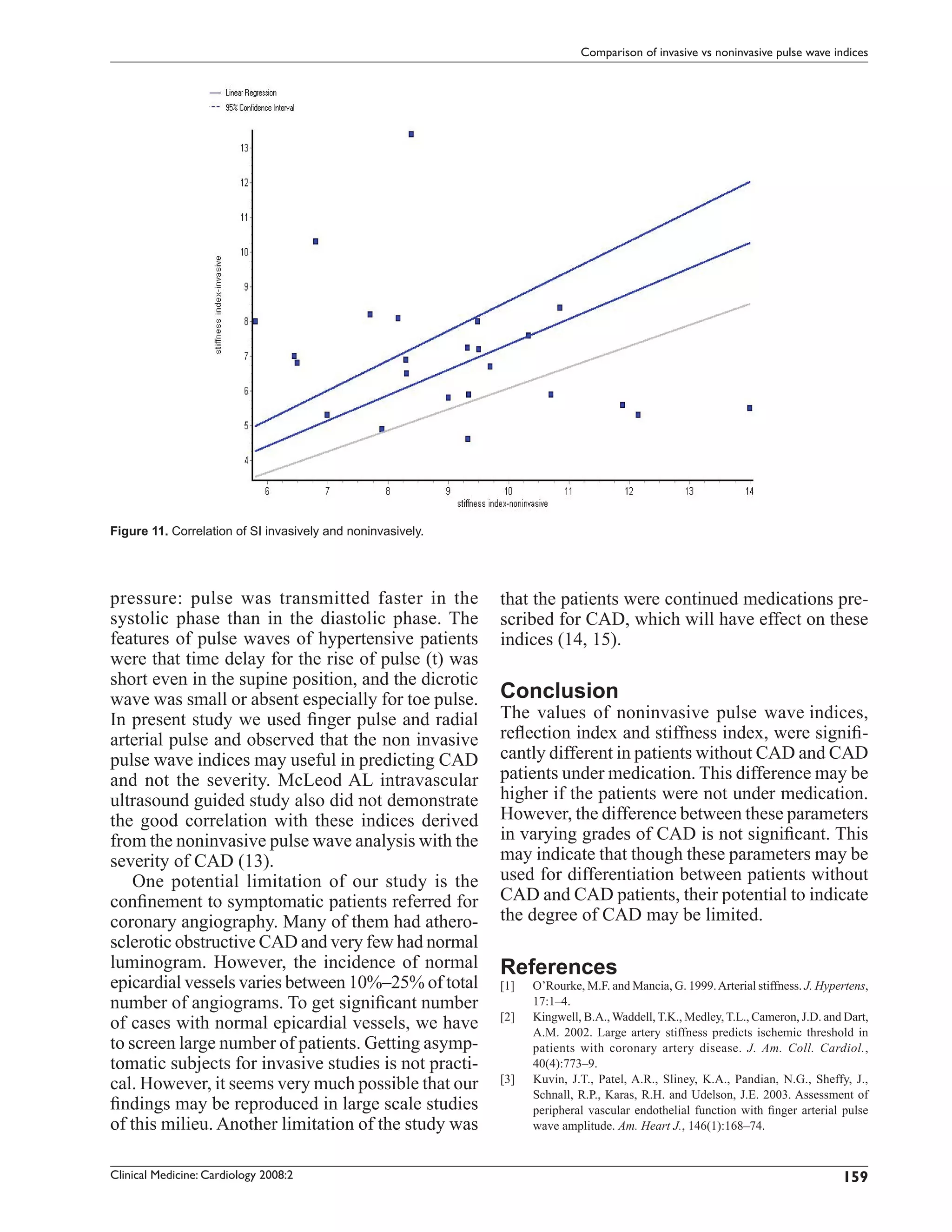 Comparison of invasive vs noninvasive pulse wave indices




Figure 11. Correlation of SI invasively and noninvasively.




pressure: pulse was transmitted faster in the                that the patients were continued medications pre-
systolic phase than in the diastolic phase. The              scribed for CAD, which will have effect on these
features of pulse waves of hypertensive patients             indices (14, 15).
were that time delay for the rise of pulse (t) was
short even in the supine position, and the dicrotic
wave was small or absent especially for toe pulse.           Conclusion
In present study we used ﬁnger pulse and radial              The values of noninvasive pulse wave indices,
arterial pulse and observed that the non invasive            reﬂection index and stiffness index, were signiﬁ-
pulse wave indices may useful in predicting CAD              cantly different in patients without CAD and CAD
and not the severity. McLeod AL intravascular                patients under medication. This difference may be
ultrasound guided study also did not demonstrate             higher if the patients were not under medication.
the good correlation with these indices derived              However, the difference between these parameters
from the noninvasive pulse wave analysis with the            in varying grades of CAD is not signiﬁcant. This
severity of CAD (13).                                        may indicate that though these parameters may be
    One potential limitation of our study is the             used for differentiation between patients without
conﬁnement to symptomatic patients referred for              CAD and CAD patients, their potential to indicate
coronary angiography. Many of them had athero-               the degree of CAD may be limited.
sclerotic obstructive CAD and very few had normal
luminogram. However, the incidence of normal                 References
epicardial vessels varies between 10%–25% of total           [1]   O’Rourke, M.F. and Mancia, G. 1999. Arterial stiffness. J. Hypertens,
number of angiograms. To get signiﬁcant number                     17:1–4.
                                                             [2]   Kingwell, B.A., Waddell, T.K., Medley, T.L., Cameron, J.D. and Dart,
of cases with normal epicardial vessels, we have                   A.M. 2002. Large artery stiffness predicts ischemic threshold in
to screen large number of patients. Getting asymp-                 patients with coronary artery disease. J. Am. Coll. Cardiol.,
tomatic subjects for invasive studies is not practi-               40(4):773–9.
cal. However, it seems very much possible that our           [3]   Kuvin, J.T., Patel, A.R., Sliney, K.A., Pandian, N.G., Sheffy, J.,
                                                                   Schnall, R.P., Karas, R.H. and Udelson, J.E. 2003. Assessment of
ﬁndings may be reproduced in large scale studies                   peripheral vascular endothelial function with ﬁnger arterial pulse
of this milieu. Another limitation of the study was                wave amplitude. Am. Heart J., 146(1):168–74.


Clinical Medicine: Cardiology 2008:2                                                                                              159
 