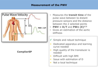 Measurement of the PWV


                    • Measures the transit time of the
                      pulse wave between to distant
                      pressure sensors and the distance
                      between the 2 selected points
                    • PWV = D/T and PW≈ (E)1/2
                    • Gives an estimation of the aortic
                      stiffness


                     Simple and robust technique
                     Dedicated apparatus and learning
                      curve needed
                     High quality of the transducer is
CompliorSP            needed
                     Difficult with high BMI
                     Issue with estimation of D
                     Not a local technique
 