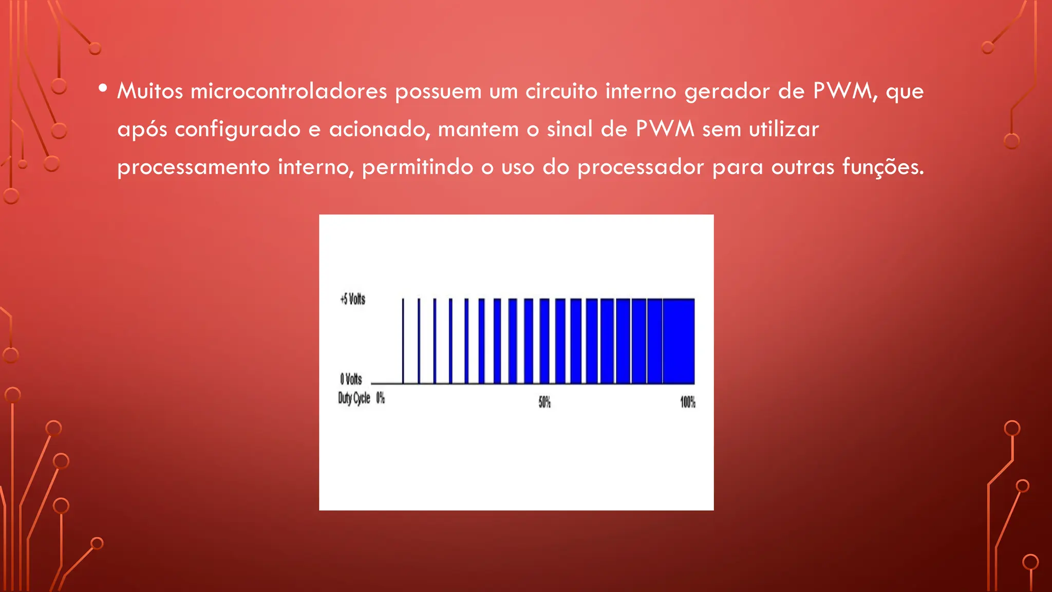 • Muitos microcontroladores possuem um circuito interno gerador de PWM, que
após configurado e acionado, mantem o sinal de PWM sem utilizar
processamento interno, permitindo o uso do processador para outras funções.
 