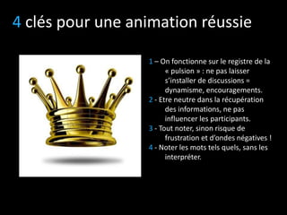 4 clés pour une animation réussie
1 – On fonctionne sur le registre de la
« pulsion » : ne pas laisser
s’installer de discussions =
dynamisme, encouragements.
2 - Etre neutre dans la récupération
des informations, ne pas
influencer les participants.
3 - Tout noter, sinon risque de
frustration et d’ondes négatives !
4 - Noter les mots tels quels, sans les
interpréter.

 