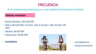 FRECUENCIA
Es el numero de pulsaciones en una unidad de tiempo (un minuto).
 Recién Nacidos: 120-150 P/M
 Niños: 90-120 P/M, 2-6 años: 110, 6-10 años: 100, 10 años: 90
P/M
 Adultos: 60-90 P/M
 Deportistas: 40-60 P/M
 EUFIGMICO
Valores normales
 actividad física
 Estado emocional
 