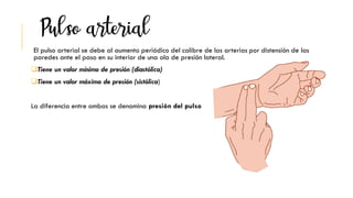 El pulso arterial se debe al aumento periódico del calibre de las arterias por distensión de las
paredes ante el paso en su interior de una ola de presión lateral.
Tiene un valor mínimo de presión (diastólica)
Tiene un valor máximo de presión (sistólica)
La diferencia entre ambas se denomina presión del pulso
 