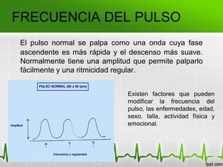 FRECUENCIA DEL PULSO
El pulso normal se palpa como una onda cuya fase
ascendente es más rápida y el descenso más suave.
Normalmente tiene una amplitud que permite palparlo
fácilmente y una ritmicidad regular.
Existen factores que pueden
modificar la frecuencia del
pulso, las enfermedades, edad,
sexo, talla, actividad física y
emocional.
 