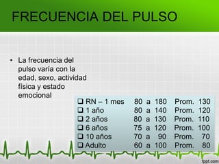 FRECUENCIA DEL PULSO
• La frecuencia del
pulso varía con la
edad, sexo, actividad
física y estado
emocional
 RN – 1 mes 80 a 180 Prom. 130
 1 año 80 a 140 Prom. 120
 2 años 80 a 130 Prom. 110
 6 años 75 a 120 Prom. 100
 10 años 70 a 90 Prom. 70
 Adulto 60 a 100 Prom. 80
 