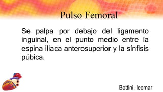 Se palpa por debajo del ligamento
inguinal, en el punto medio entre la
espina iliaca anterosuperior y la sínfisis
púbica.
Pulso Femoral
Bottini, leomar
 