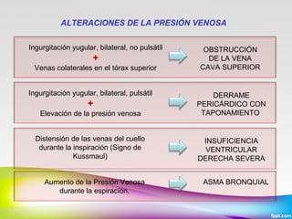 ALTERACIONES DE LA PRESIÓN VENOSA
Ingurgitación yugular, bilateral, no pulsátil

+
Venas colaterales en el tórax superior
Ingurgitación yugular, bilateral, pulsátil

OBSTRUCCIÓN
DE LA VENA
CAVA SUPERIOR

Elevación de la presión venosa

DERRAME
PERICÁRDICO CON
TAPONAMIENTO

Distensión de las venas del cuello
durante la inspiración (Signo de
Kussmaul)

INSUFICIENCIA
VENTRICULAR
DERECHA SEVERA

+

Aumento de la Presión Venosa
durante la espiracíón.

ASMA BRONQUIAL

 