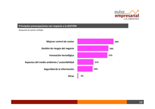 19	
  
Principales	
  preocupaciones	
  con	
  respecto	
  a	
  la	
  GESTIÓN	
  
Mejorar	
  control	
  de	
  costos	
   69%	
  
59%	
  
57%	
  
Ges+ón	
  de	
  riesgos	
  del	
  negocio	
  
Innovación	
  tecnológica	
  
Aspectos	
  del	
  medio	
  ambiente	
  /	
  sostenibilidad	
  
Seguridad	
  de	
  la	
  información	
  
31%	
  
29%	
  
2%	
  Otras	
  
Respuesta	
  de	
  opción	
  múlBple	
  
 