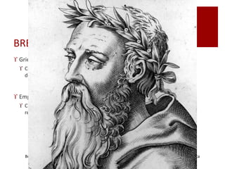 Bernardo L. Fishleder; Exploración cardiovascular y fonomecanocardiografía clínica. Prensa Médica
Mexicana, 1978, 2da edición: paginas 121-148
BREVE HISTORIA
 Griegos antiguos (siglos V y VI a. C)
 Comparaban el pulso con el flujo y reflujo que hincha y
deshincha las aguas del Euripo.
 Empedocles de Akragas (500-430 a.C)
 Crazón como centro del sistema vascular y que existia flujo y
reflujo de sangre.
 