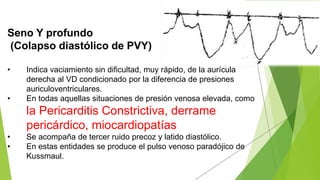 Seno Y profundo
(Colapso diastólico de PVY)
• Indica vaciamiento sin dificultad, muy rápido, de la aurícula
derecha al VD condicionado por la diferencia de presiones
auriculoventriculares.
• En todas aquellas situaciones de presión venosa elevada, como
la Pericarditis Constrictiva, derrame
pericárdico, miocardiopatías
• Se acompaña de tercer ruido precoz y latido diastólico.
• En estas entidades se produce el pulso venoso paradójico de
Kussmaul.
 