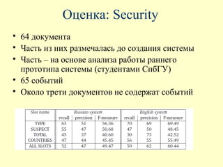 Оценка: Security

    64 документа

    Часть из них размечалась до создания системы

    Часть – на основе анализа работы раннего
    прототипа системы (студентами СпбГУ)

    65 событий

    Около трети документов не содержат событий
 
