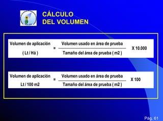 CÁLCULO
DEL VOLUMEN

Volumen de aplicación

Volumen usado en área de prueba
=

X 10.000

( Lt / Há )

Tamaño del área de prueba ( m2 )

Volumen de aplicación

Volumen usado en área de prueba

Lt / 100 m2

=

X 100

Tamaño del área de prueba ( m2 )

Pág. 61

 