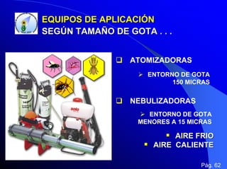 EQUIPOS DE APLICACIÓN
SEGÚN TAMAÑO DE GOTA . . .
ATOMIZADORAS
ENTORNO DE GOTA
150 MICRAS

NEBULIZADORAS
ENTORNO DE GOTA
MENORES A 15 MICRAS

AIRE FRIO
AIRE CALIENTE
Pág. 62

 