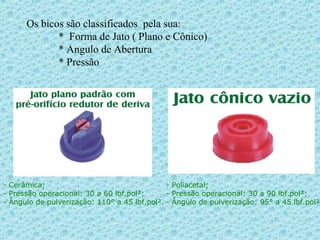 Os bicos são classificados pela sua: 
* Forma de Jato ( Plano e Cônico) 
* Angulo de Abertura 
* Pressão 
- Cerâmica; 
- Pressão operacional: 30 a 60 lbf.pol²; 
- Ângulo de pulverização: 110° a 45 lbf.pol². 
- Poliacetal; 
- Pressão operacional: 30 a 90 lbf.pol²; 
- Ângulo de pulverização: 95° a 45 lbf.pol². 
 